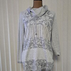 Zenergy By Chicos Elegant Gray Patterned Cowl Neck Sweater